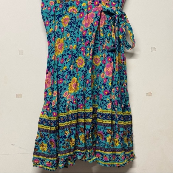 Zesica Wrap V Neck Boho Floral Print Ruffle Swing A Line Beach Mini Dress Green - Picture 3 of 8